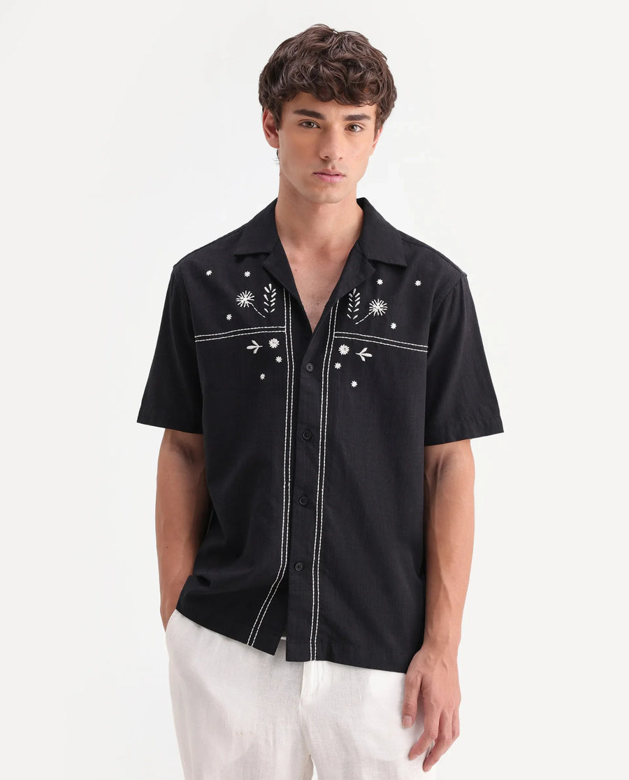 Rare Rabbit Men's Gwen 26 Black Cotton Blend Fabric Half Sleeve Cuban Collar Relaxed Fit Embroidered Shirt