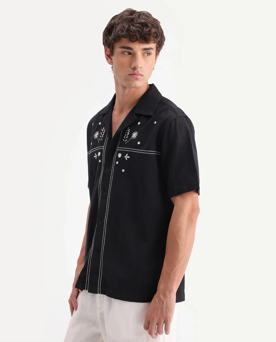 Rare Rabbit Men's Gwen 26 Black Cotton Blend Fabric Half Sleeve Cuban Collar Relaxed Fit Embroidered Shirt