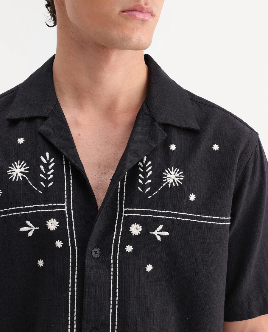 Rare Rabbit Men's Gwen 26 Black Cotton Blend Fabric Half Sleeve Cuban Collar Relaxed Fit Embroidered Shirt
