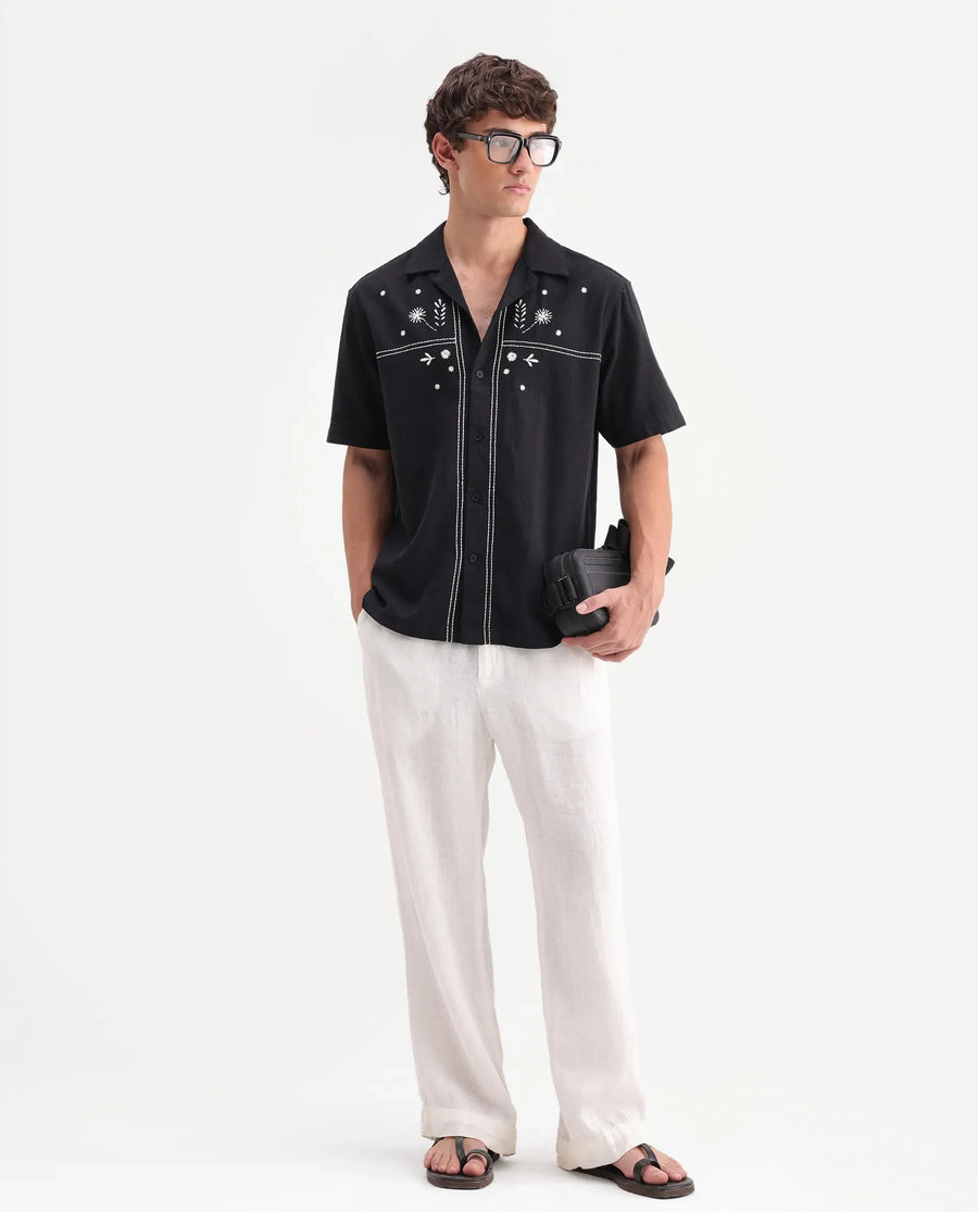 Rare Rabbit Men's Gwen 26 Black Cotton Blend Fabric Half Sleeve Cuban Collar Relaxed Fit Embroidered Shirt