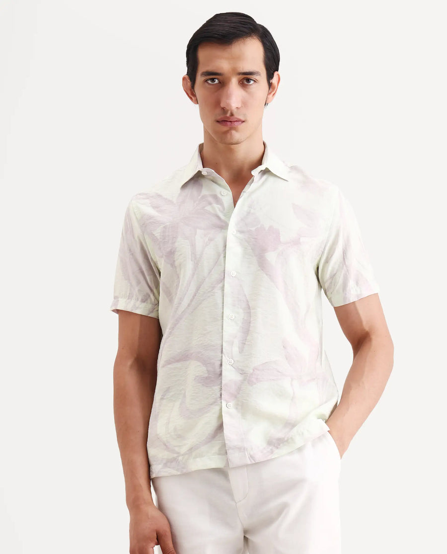 Rare Rabbit Men's Olek Off White Viscose Blend Fabric Half Sleeve Spread Collar Regular Fit Floral Print Shirt