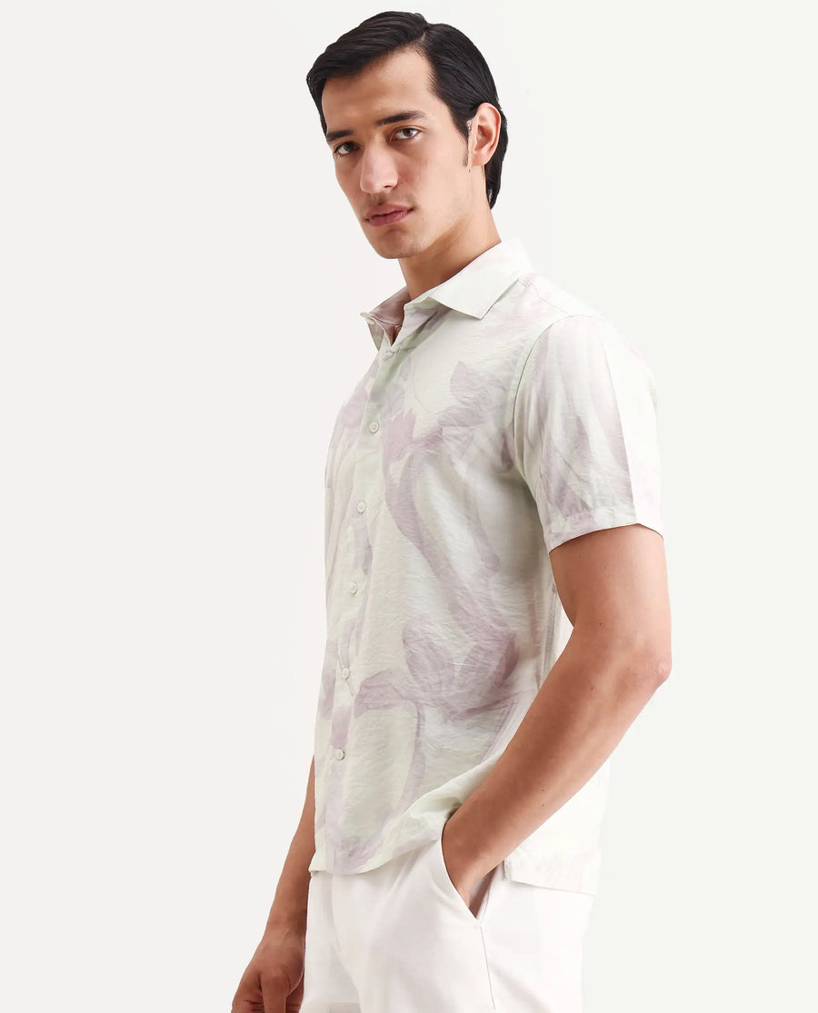 Rare Rabbit Men's Olek Off White Viscose Blend Fabric Half Sleeve Spread Collar Regular Fit Floral Print Shirt