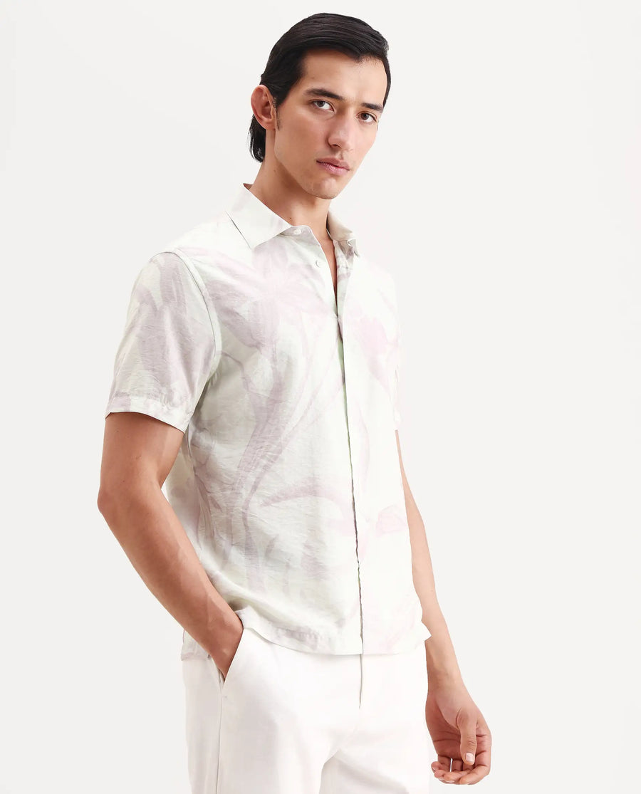 Rare Rabbit Men's Olek Off White Viscose Blend Fabric Half Sleeve Spread Collar Regular Fit Floral Print Shirt