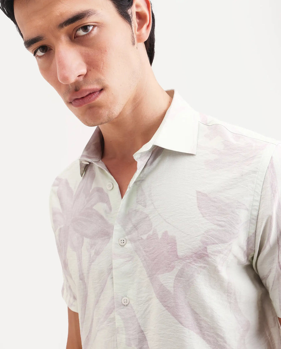 Rare Rabbit Men's Olek Off White Viscose Blend Fabric Half Sleeve Spread Collar Regular Fit Floral Print Shirt