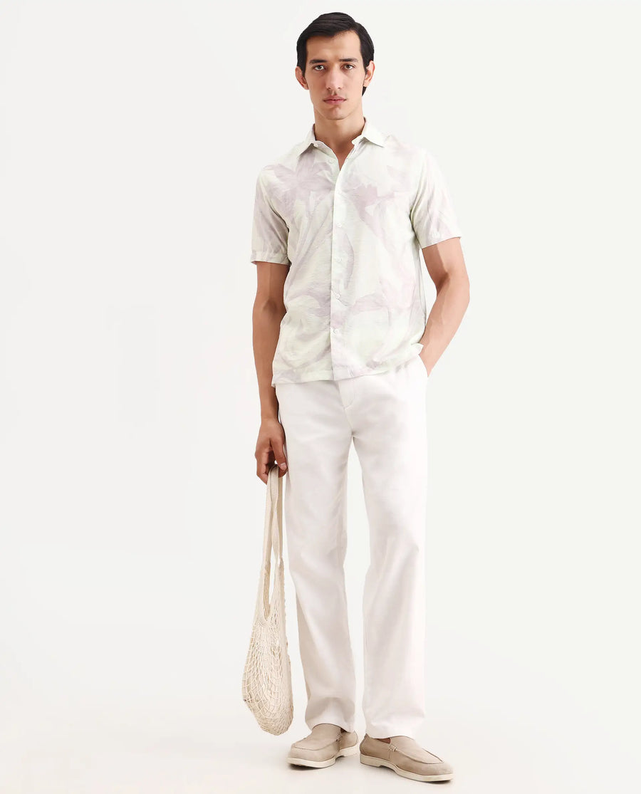 Rare Rabbit Men's Olek Off White Viscose Blend Fabric Half Sleeve Spread Collar Regular Fit Floral Print Shirt