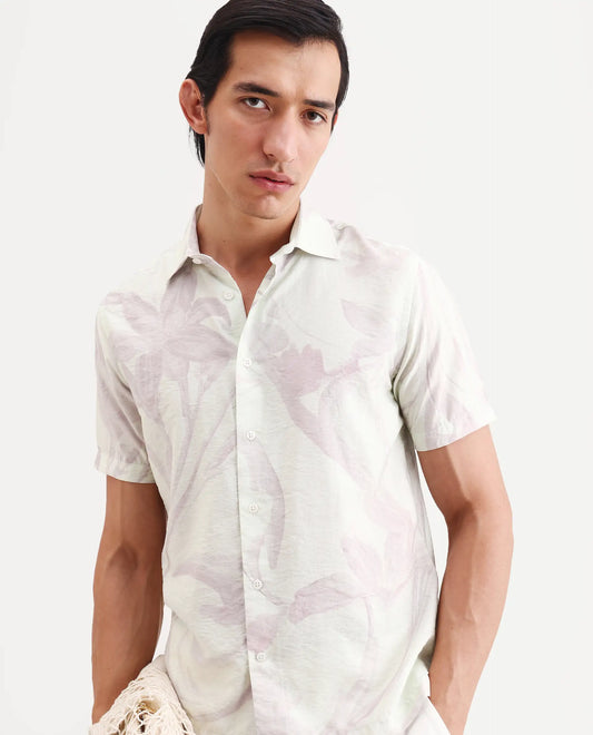 Rare Rabbit Men's Olek Off White Viscose Blend Fabric Half Sleeve Spread Collar Regular Fit Floral Print Shirt