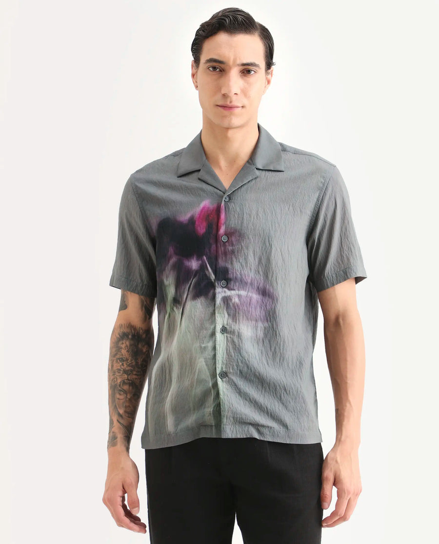 Rare Rabbit Men's Orla Grey Viscose Blend Fabric Half Sleeve Cuban Collar Regular Fit Floral Print Shirt