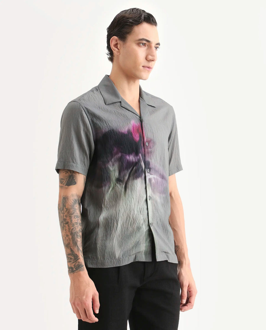 Rare Rabbit Men's Orla Grey Viscose Blend Fabric Half Sleeve Cuban Collar Regular Fit Floral Print Shirt