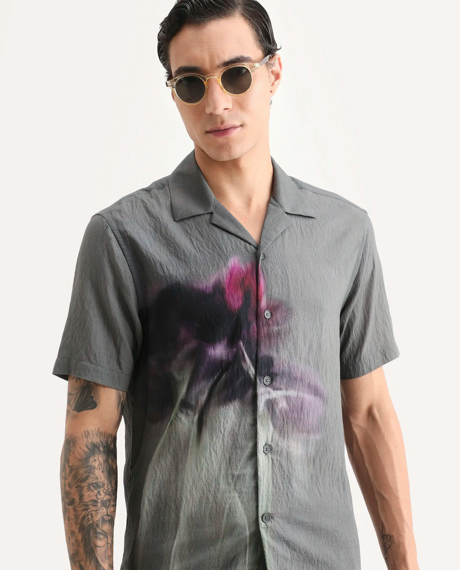 Rare Rabbit Men's Orla Grey Viscose Blend Fabric Half Sleeve Cuban Collar Regular Fit Floral Print Shirt