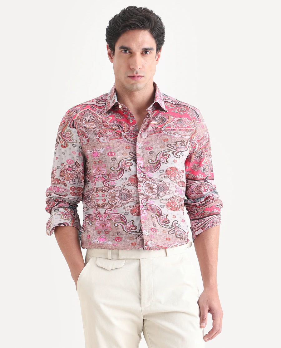 Rare Rabbit Men's Otiso Dusky Pink Viscose Fabric Full Sleeve Spread Collar Regular Fit Paisley Shirt