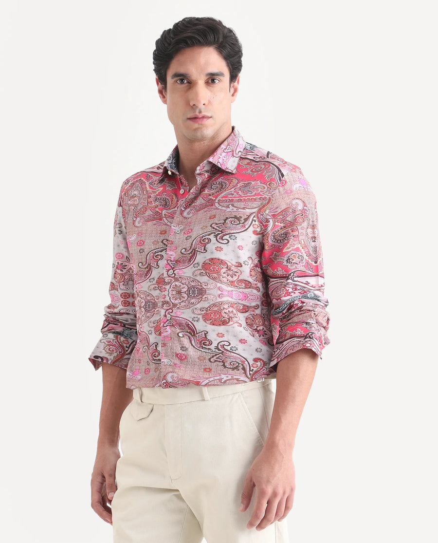 Rare Rabbit Men's Otiso Dusky Pink Viscose Fabric Full Sleeve Spread Collar Regular Fit Paisley Shirt