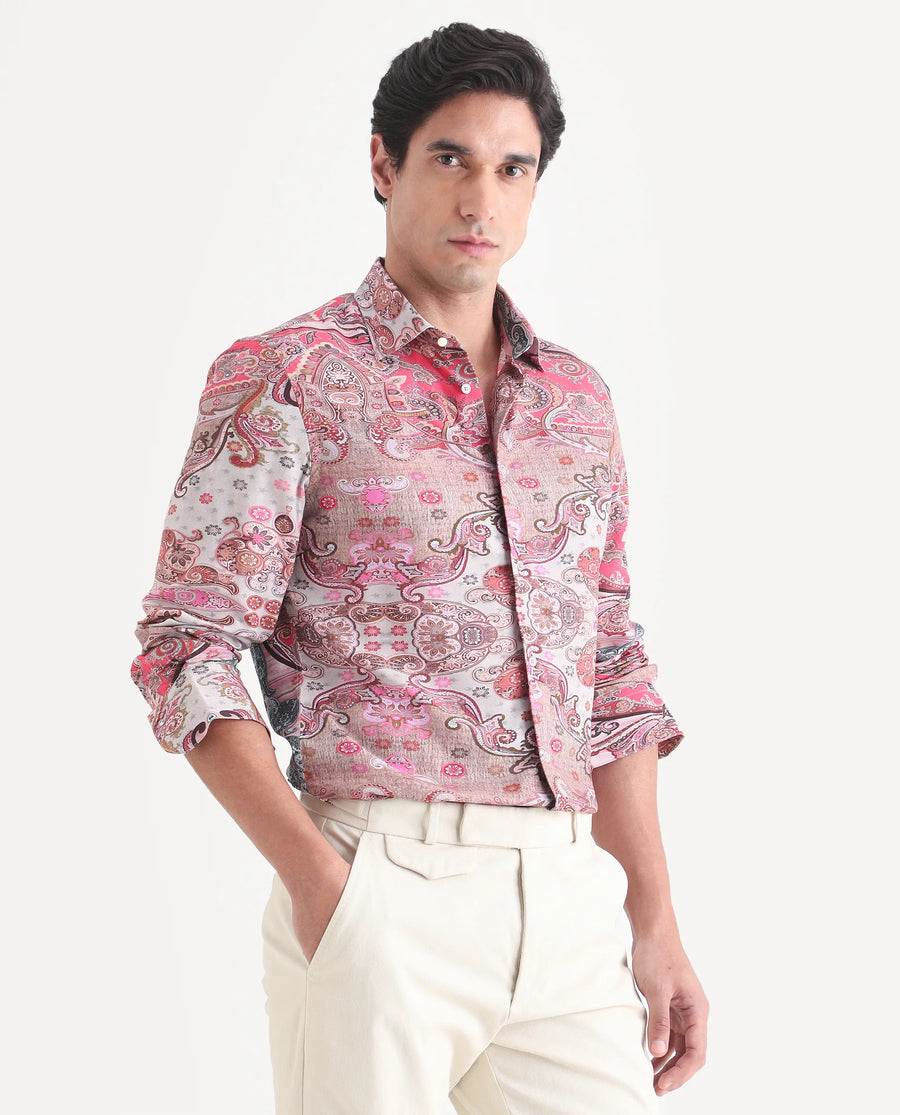 Rare Rabbit Men's Otiso Dusky Pink Viscose Fabric Full Sleeve Spread Collar Regular Fit Paisley Shirt