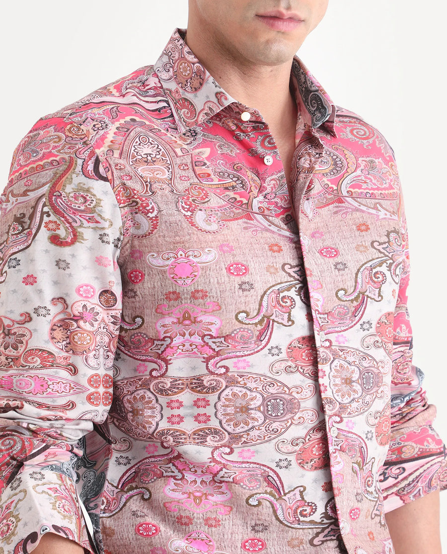 Rare Rabbit Men's Otiso Dusky Pink Viscose Fabric Full Sleeve Spread Collar Regular Fit Paisley Shirt