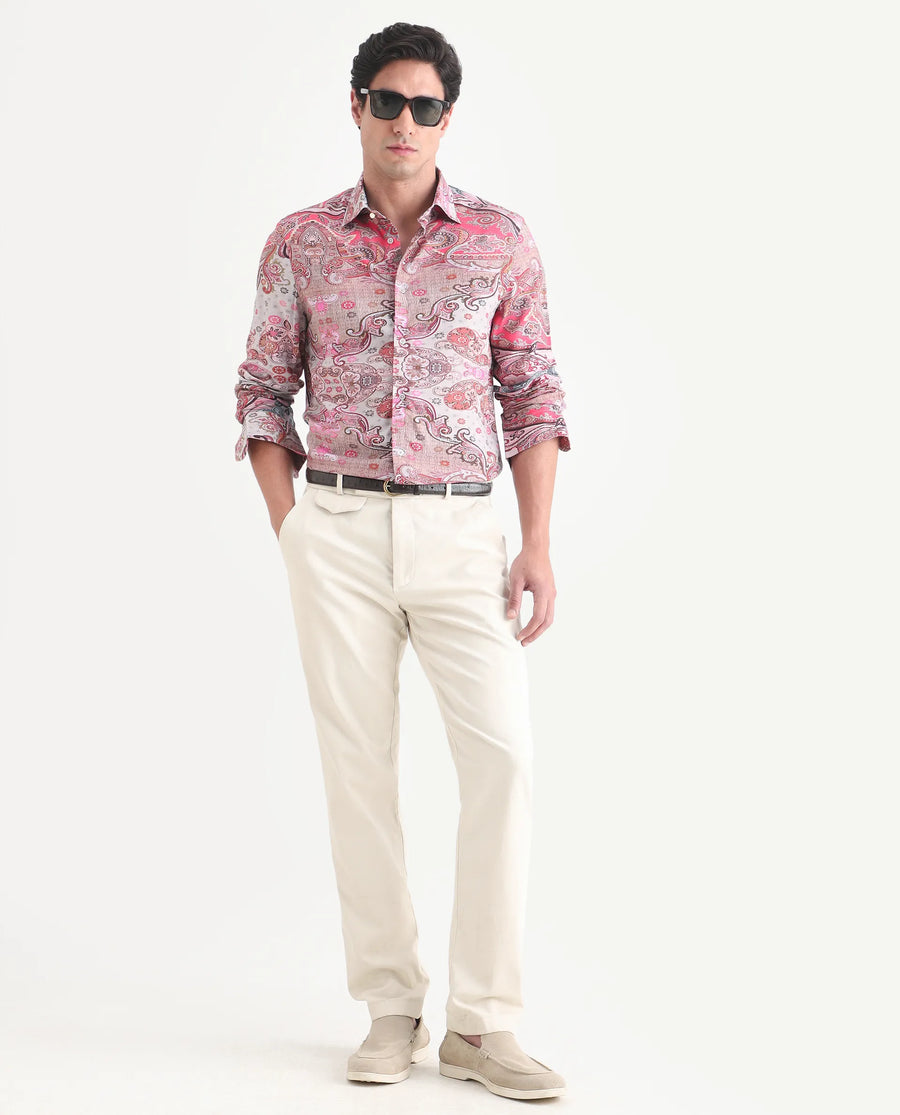 Rare Rabbit Men's Otiso Dusky Pink Viscose Fabric Full Sleeve Spread Collar Regular Fit Paisley Shirt