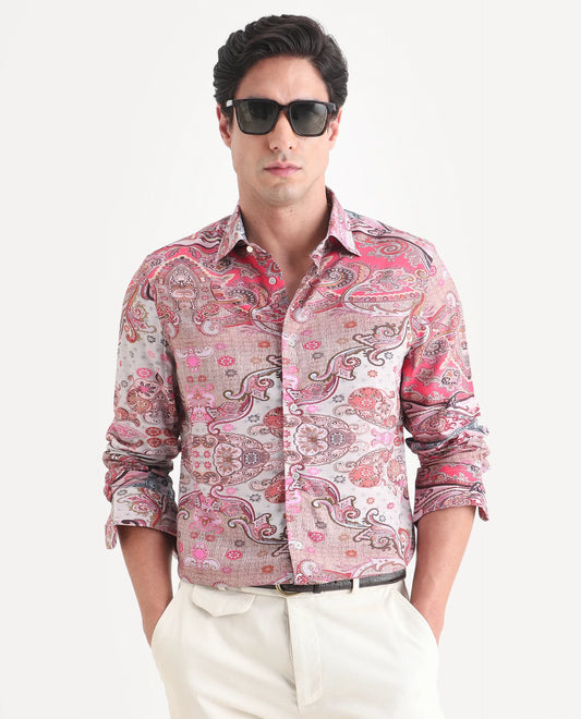 Rare Rabbit Men's Otiso Dusky Pink Viscose Fabric Full Sleeve Spread Collar Regular Fit Paisley Shirt