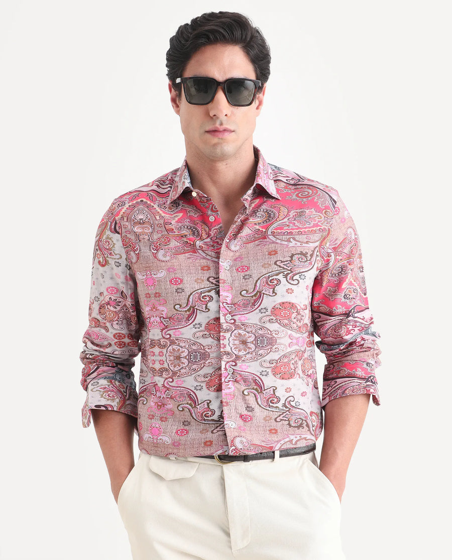 Rare Rabbit Men's Otiso Dusky Pink Viscose Fabric Full Sleeve Spread Collar Regular Fit Paisley Shirt