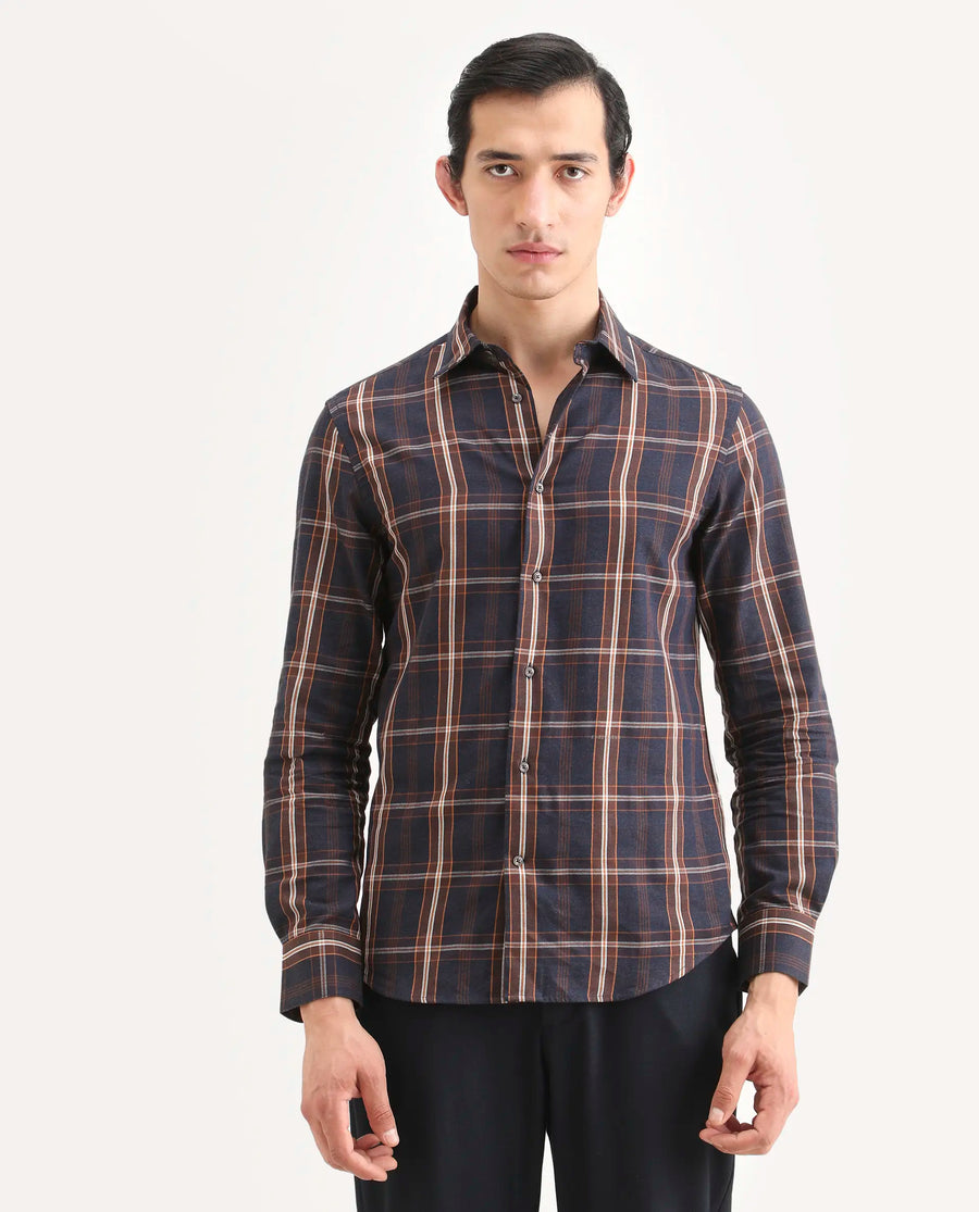 Rare Rabbit Men's Dor-S26 Navy Cotton Fabric Full Sleeve Spread Collar Regular Fit Checked Shirt