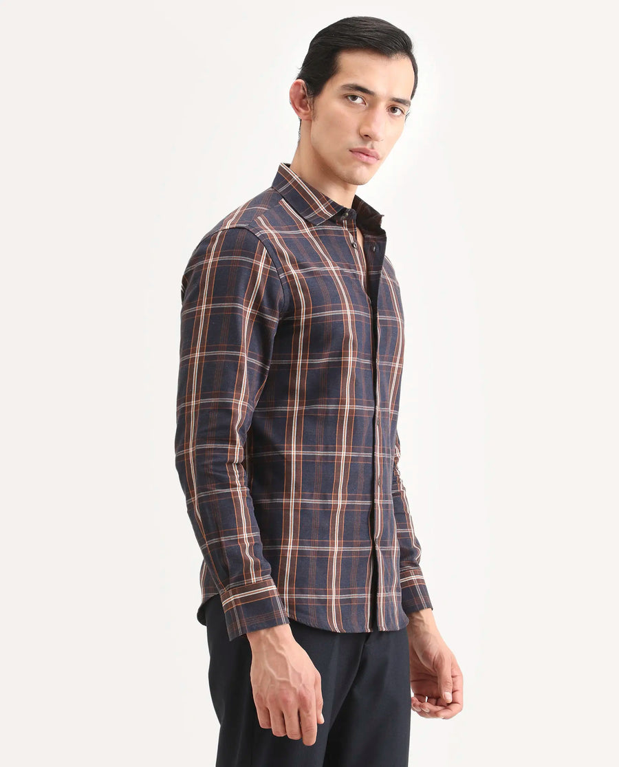 Rare Rabbit Men's Dor-S26 Navy Cotton Fabric Full Sleeve Spread Collar Regular Fit Checked Shirt