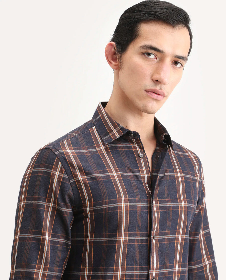 Rare Rabbit Men's Dor-S26 Navy Cotton Fabric Full Sleeve Spread Collar Regular Fit Checked Shirt