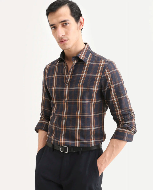 Rare Rabbit Men's Dor-S26 Navy Cotton Fabric Full Sleeve Spread Collar Regular Fit Checked Shirt