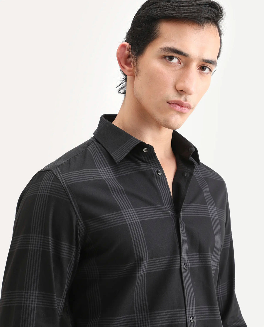 Rare Rabbit Men's Mestor -26 Black Cotton Fabric Full Sleeve Spread Collar Regular Fit Checked Shirt