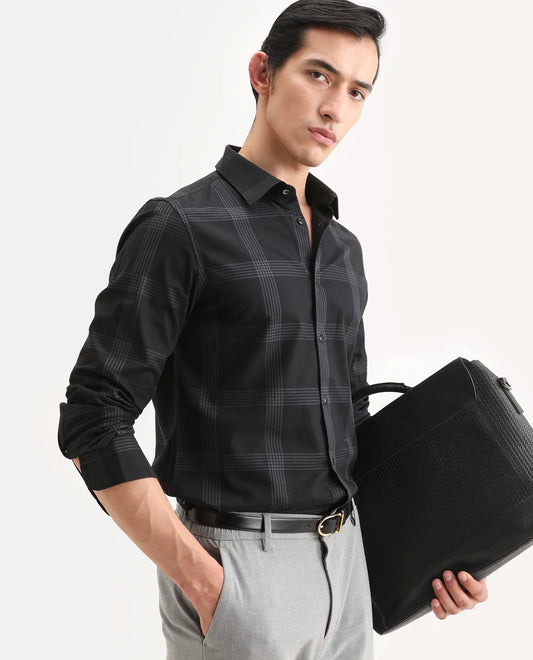 Rare Rabbit Men's Mestor -26 Black Cotton Fabric Full Sleeve Spread Collar Regular Fit Checked Shirt