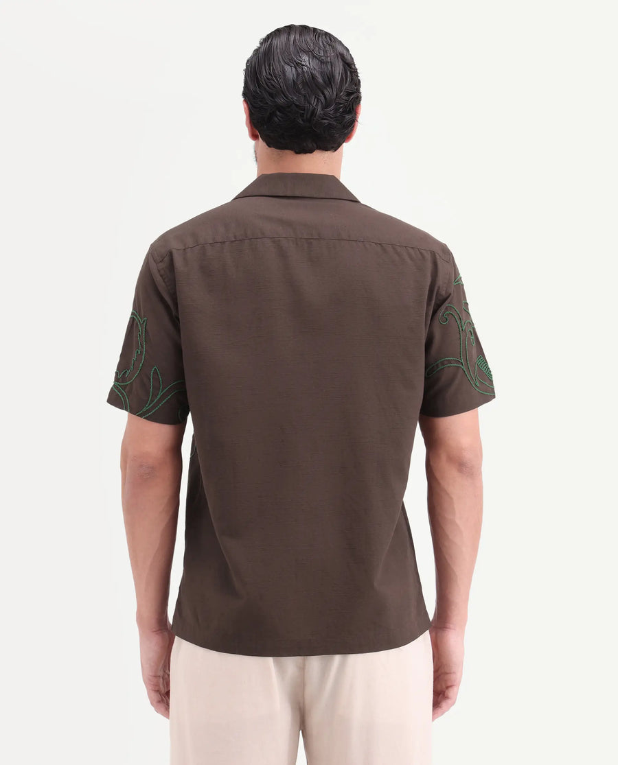 Rare Rabbit Men's Anto Dark Brown Cotton Blend Fabric Half Sleeve Cuban Collar Regular Embroidered Shirt