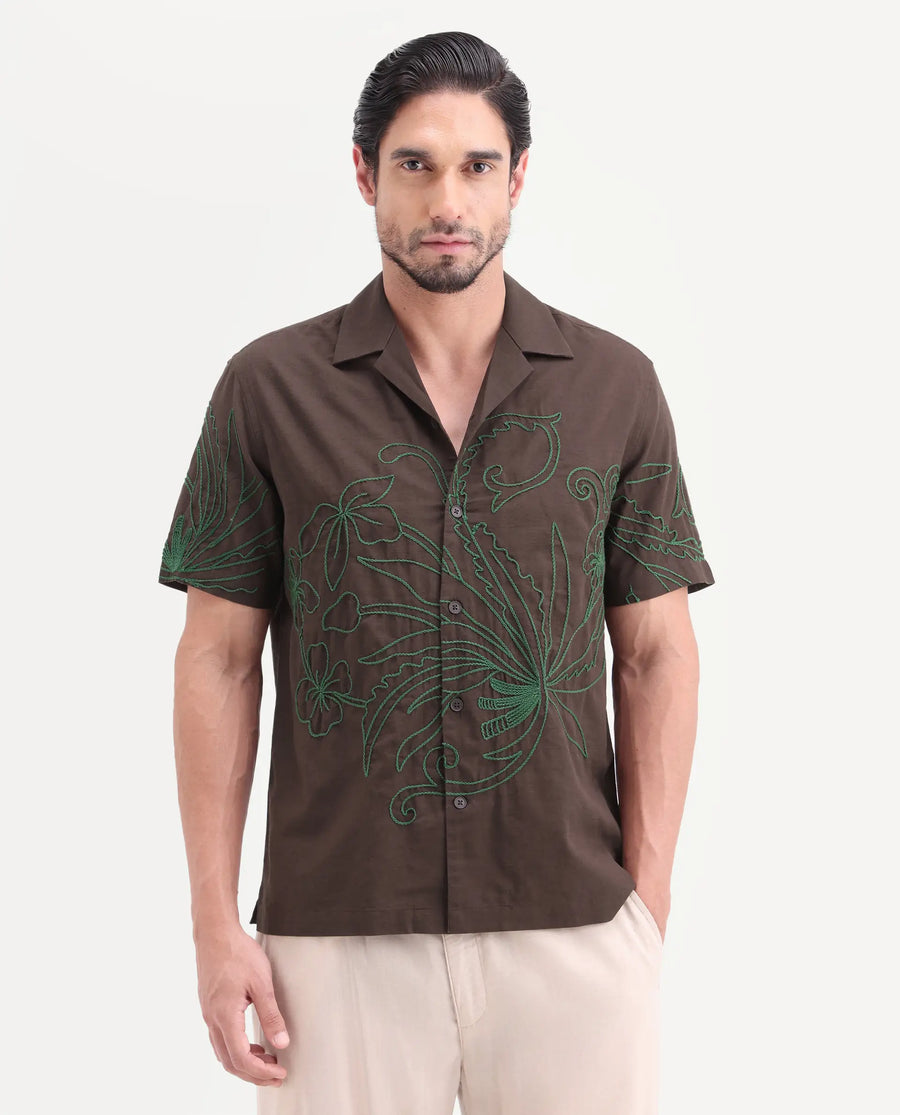 Rare Rabbit Men's Anto Dark Brown Cotton Blend Fabric Half Sleeve Cuban Collar Regular Embroidered Shirt