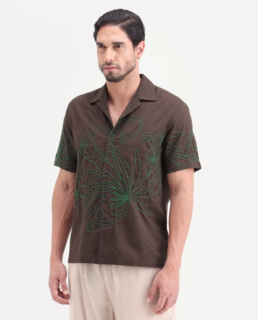 Rare Rabbit Men's Anto Dark Brown Cotton Blend Fabric Half Sleeve Cuban Collar Regular Embroidered Shirt
