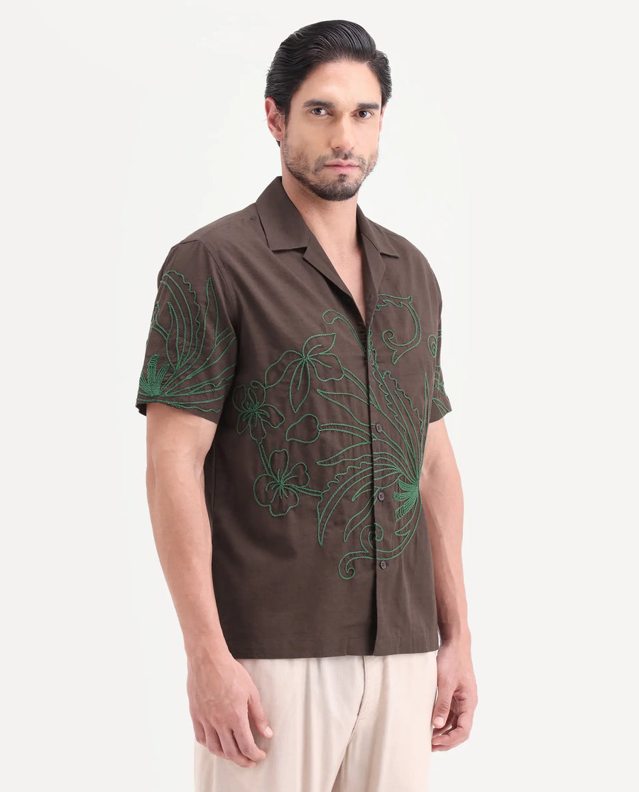 Rare Rabbit Men's Anto Dark Brown Cotton Blend Fabric Half Sleeve Cuban Collar Regular Embroidered Shirt