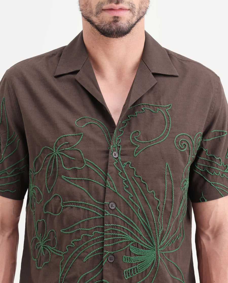 Rare Rabbit Men's Anto Dark Brown Cotton Blend Fabric Half Sleeve Cuban Collar Regular Embroidered Shirt