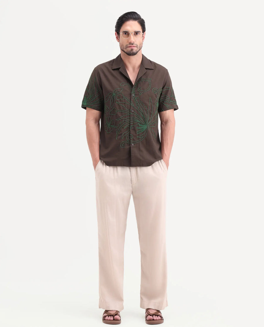 Rare Rabbit Men's Anto Dark Brown Cotton Blend Fabric Half Sleeve Cuban Collar Regular Embroidered Shirt