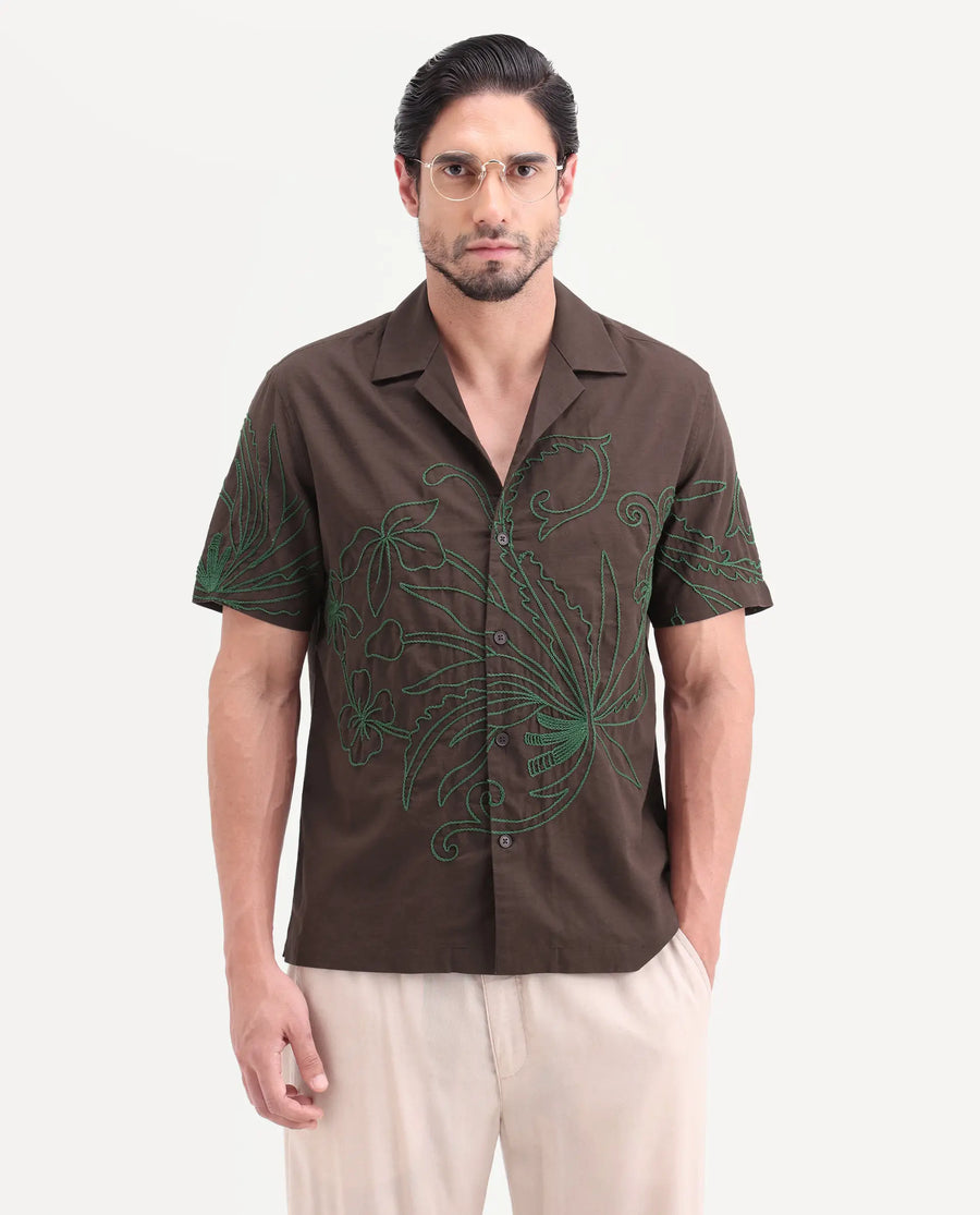 Rare Rabbit Men's Anto Dark Brown Cotton Blend Fabric Half Sleeve Cuban Collar Regular Embroidered Shirt