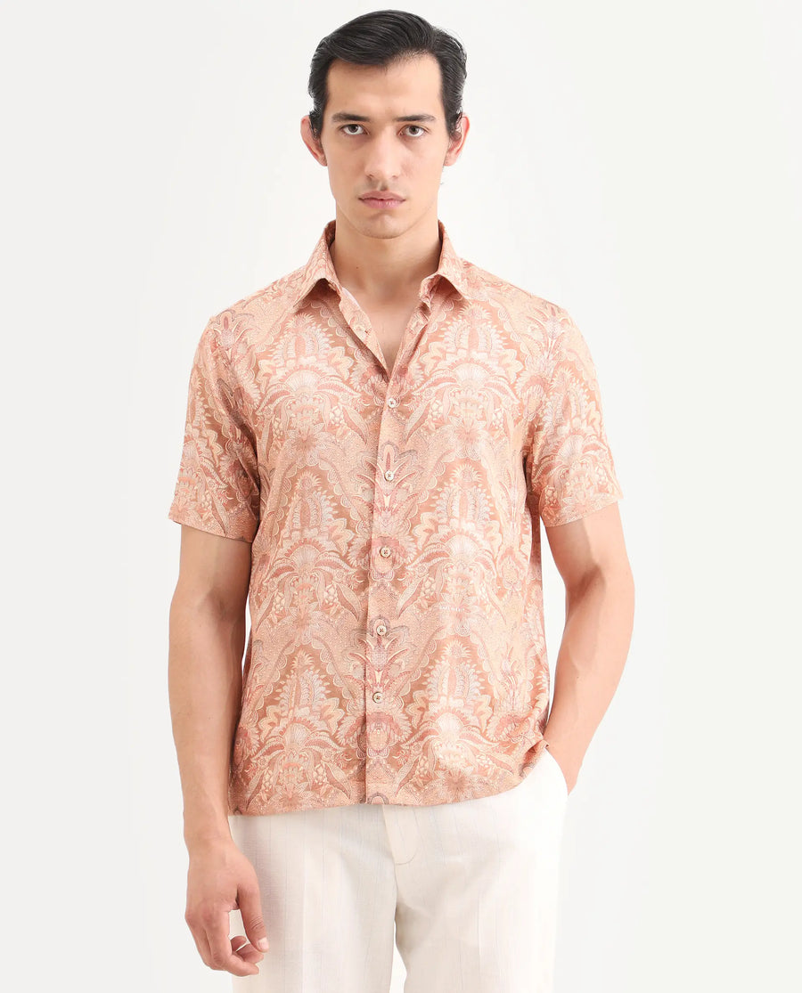 Rare Rabbit Men's Pear Dusky Orange Cotton Blend Fabric Half Sleeve Spread Collar Regular Fit Abstract Print Shirt