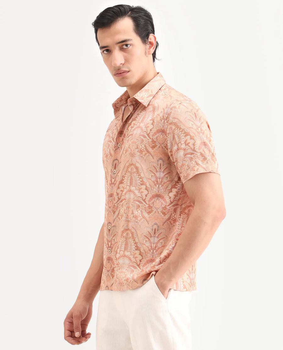 Rare Rabbit Men's Pear Dusky Orange Cotton Blend Fabric Half Sleeve Spread Collar Regular Fit Abstract Print Shirt