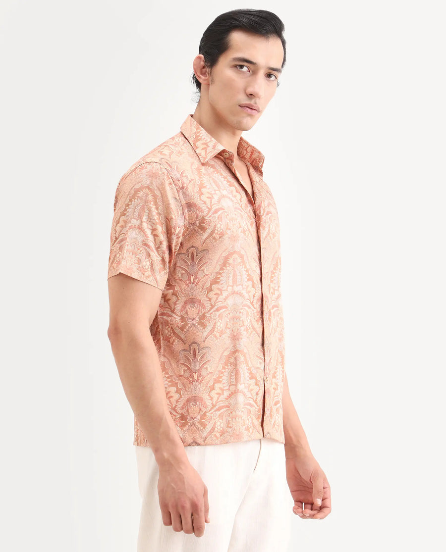 Rare Rabbit Men's Pear Dusky Orange Cotton Blend Fabric Half Sleeve Spread Collar Regular Fit Abstract Print Shirt