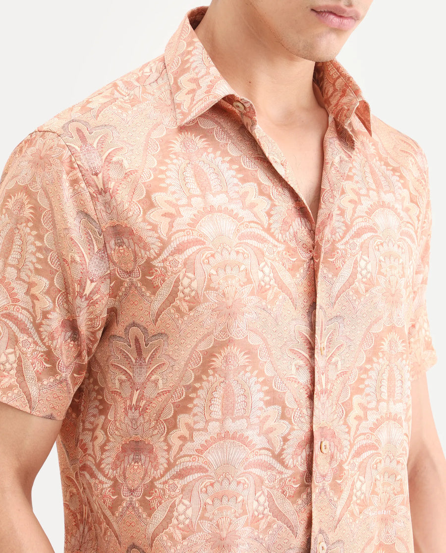 Rare Rabbit Men's Pear Dusky Orange Cotton Blend Fabric Half Sleeve Spread Collar Regular Fit Abstract Print Shirt