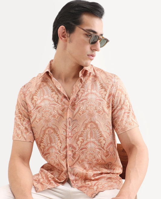 Rare Rabbit Men's Pear Dusky Orange Cotton Blend Fabric Half Sleeve Spread Collar Regular Fit Abstract Print Shirt