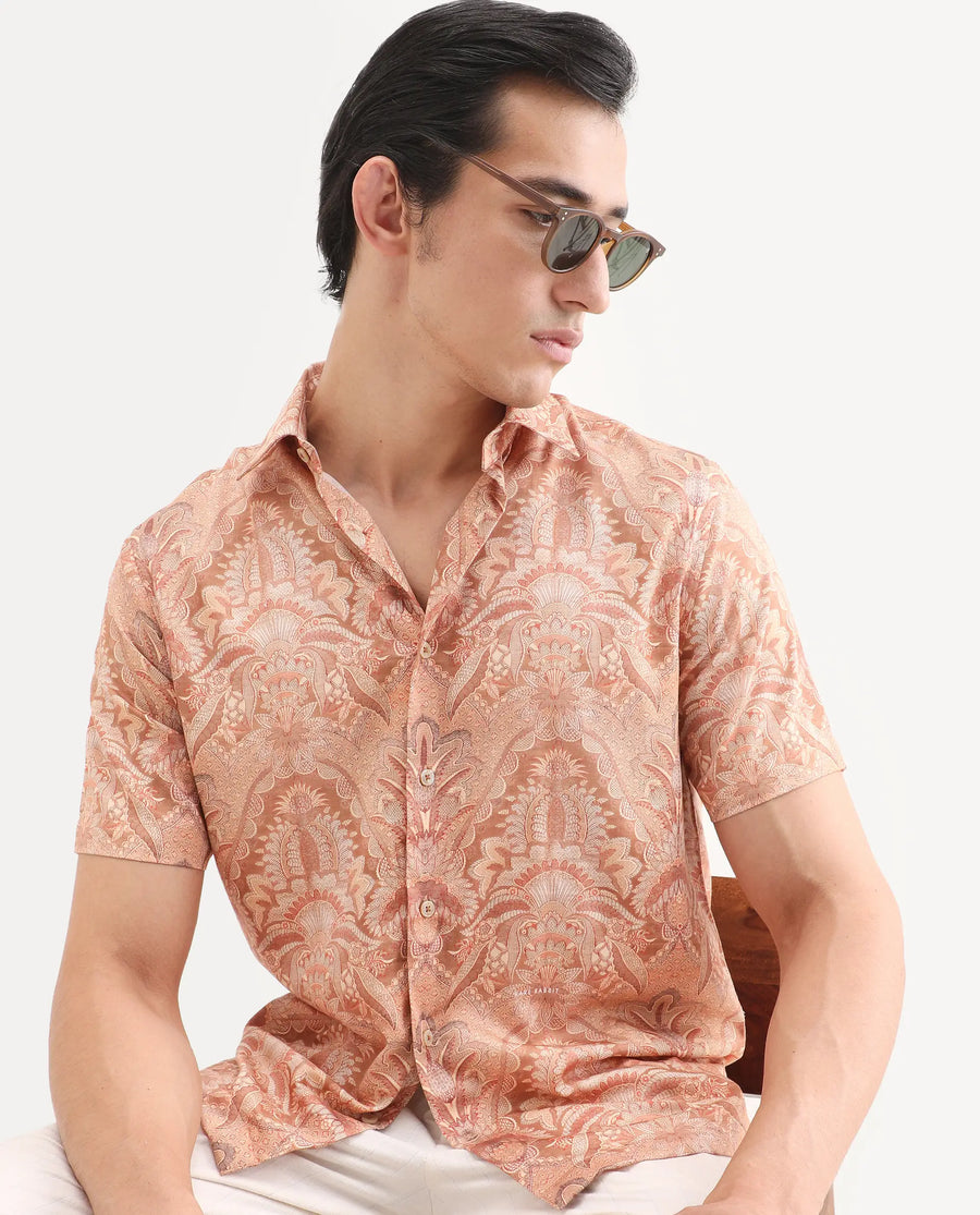 Rare Rabbit Men's Pear Dusky Orange Cotton Blend Fabric Half Sleeve Spread Collar Regular Fit Abstract Print Shirt