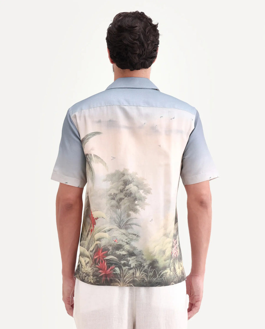 Rare Rabbit Men's Pexa Dusky Peach Cotton Blend Fabric Half Sleeve Cuban Collar Regular Fit Tropical Print Shirt