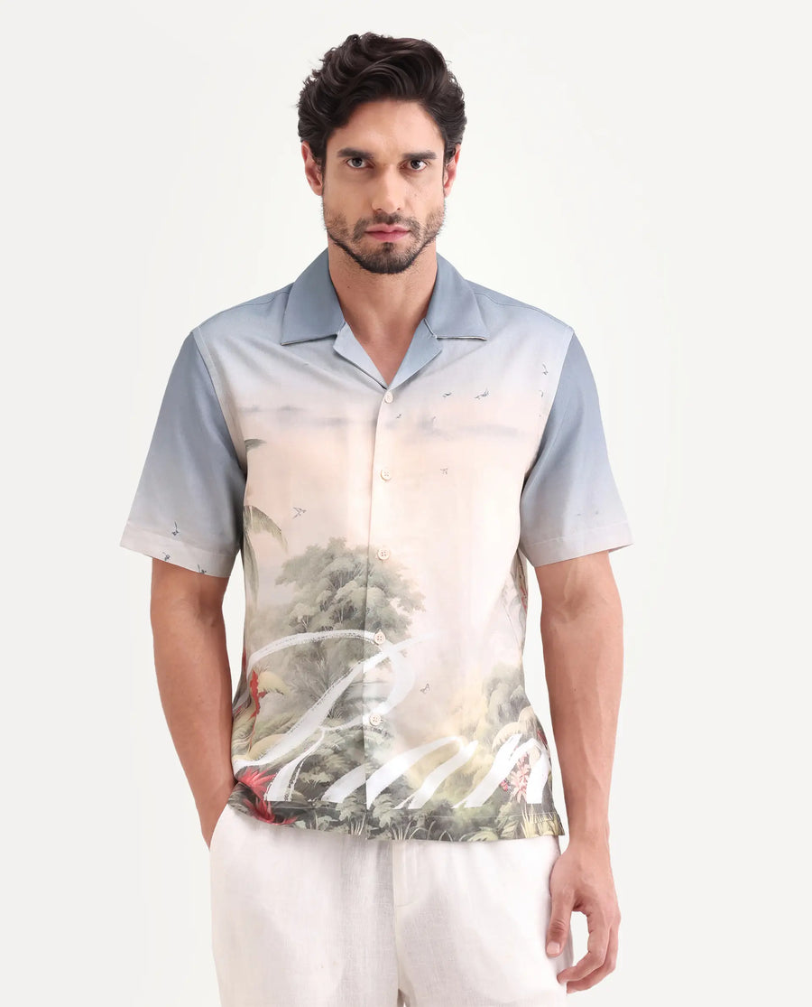 Rare Rabbit Men's Pexa Dusky Peach Cotton Blend Fabric Half Sleeve Cuban Collar Regular Fit Tropical Print Shirt