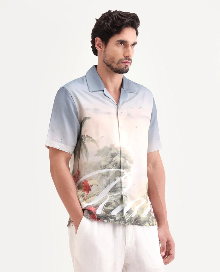 Rare Rabbit Men's Pexa Dusky Peach Cotton Blend Fabric Half Sleeve Cuban Collar Regular Fit Tropical Print Shirt