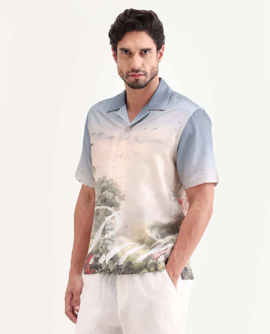 Rare Rabbit Men's Pexa Dusky Peach Cotton Blend Fabric Half Sleeve Cuban Collar Regular Fit Tropical Print Shirt