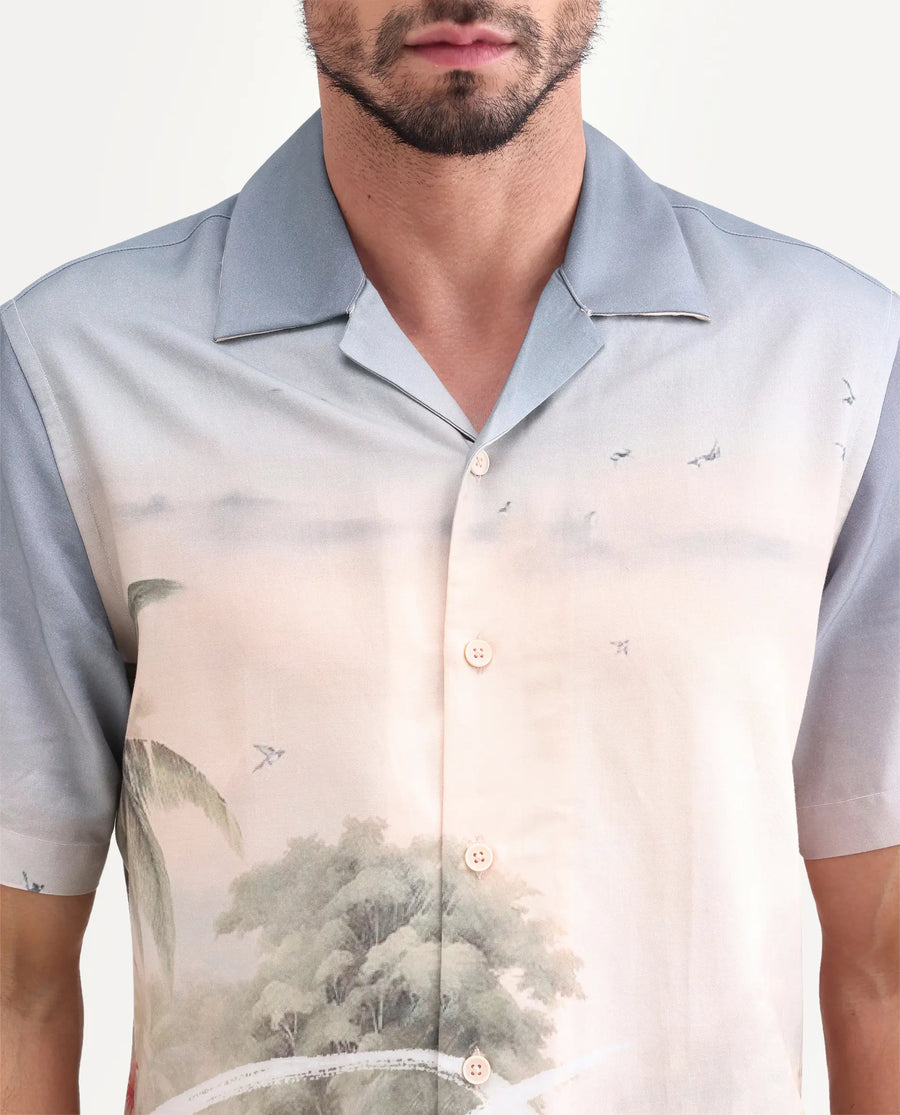 Rare Rabbit Men's Pexa Dusky Peach Cotton Blend Fabric Half Sleeve Cuban Collar Regular Fit Tropical Print Shirt