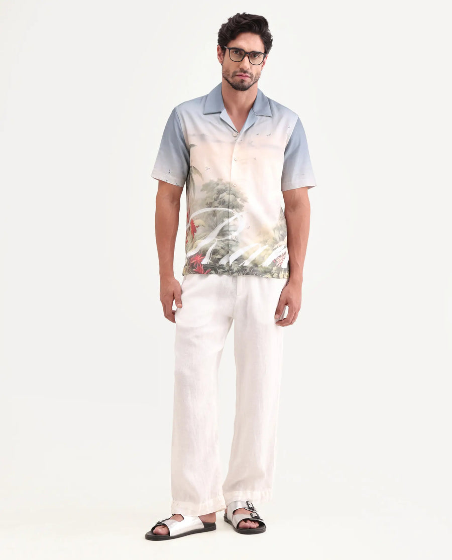 Rare Rabbit Men's Pexa Dusky Peach Cotton Blend Fabric Half Sleeve Cuban Collar Regular Fit Tropical Print Shirt
