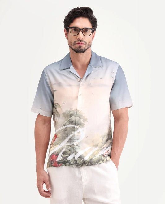 Rare Rabbit Men's Pexa Dusky Peach Cotton Blend Fabric Half Sleeve Cuban Collar Regular Fit Tropical Print Shirt