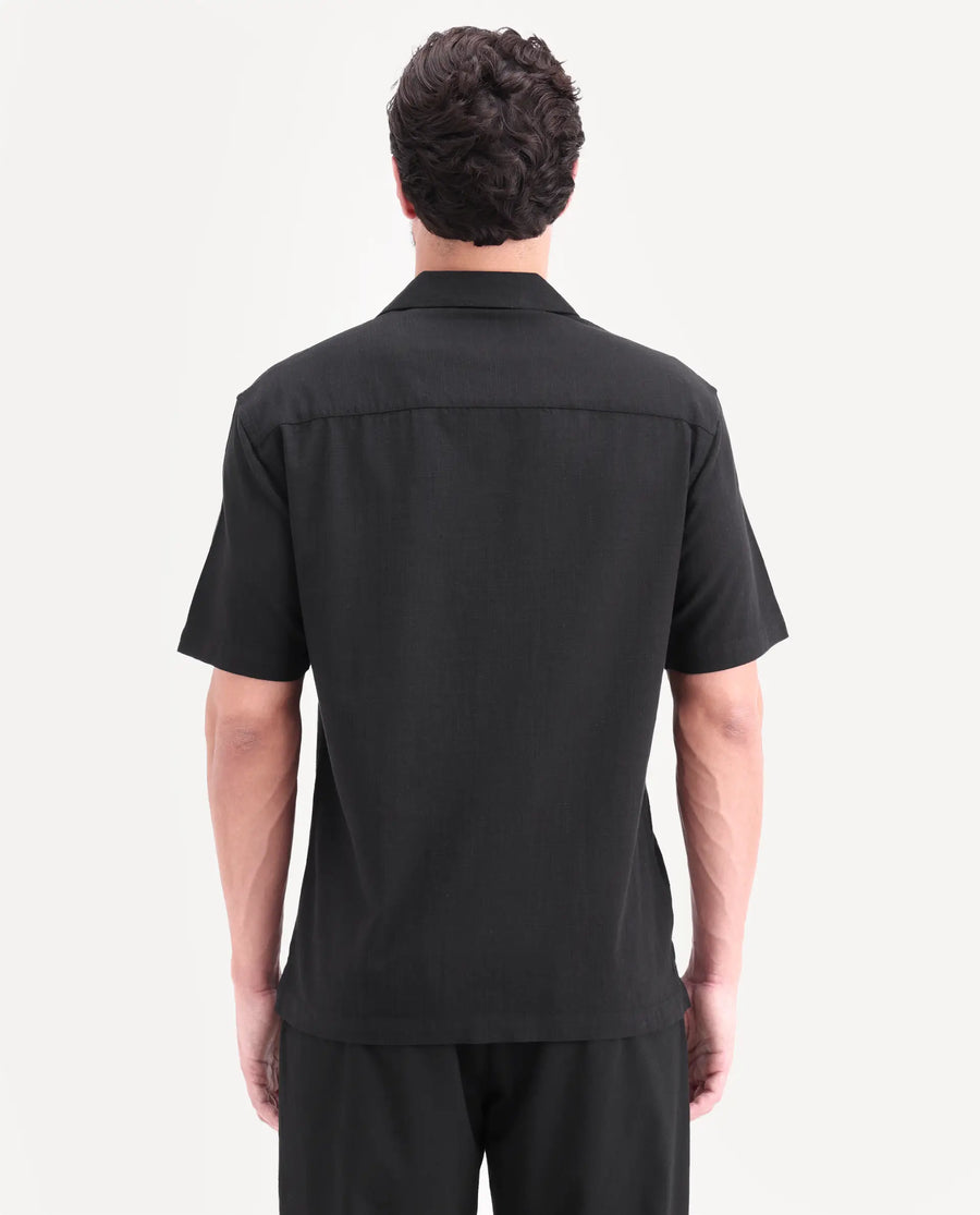 Rare Rabbit Men's Waxi Black Cotton Blend Fabric Half Sleeve Cuban Collar Relaxed Fit Embroidered Shirt