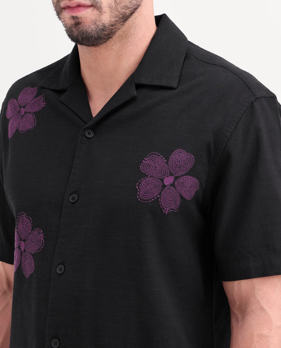 Rare Rabbit Men's Waxi Black Cotton Blend Fabric Half Sleeve Cuban Collar Relaxed Fit Embroidered Shirt