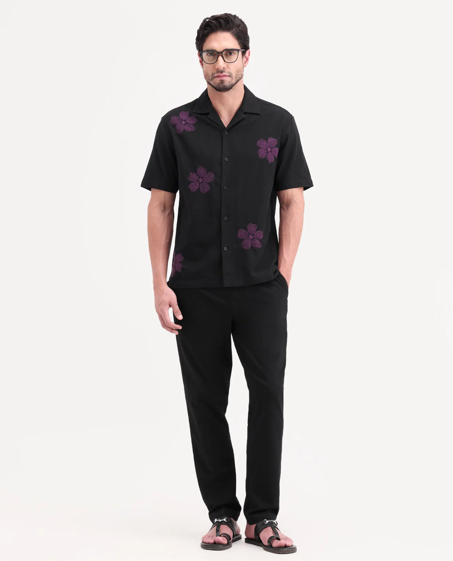 Rare Rabbit Men's Waxi Black Cotton Blend Fabric Half Sleeve Cuban Collar Relaxed Fit Embroidered Shirt