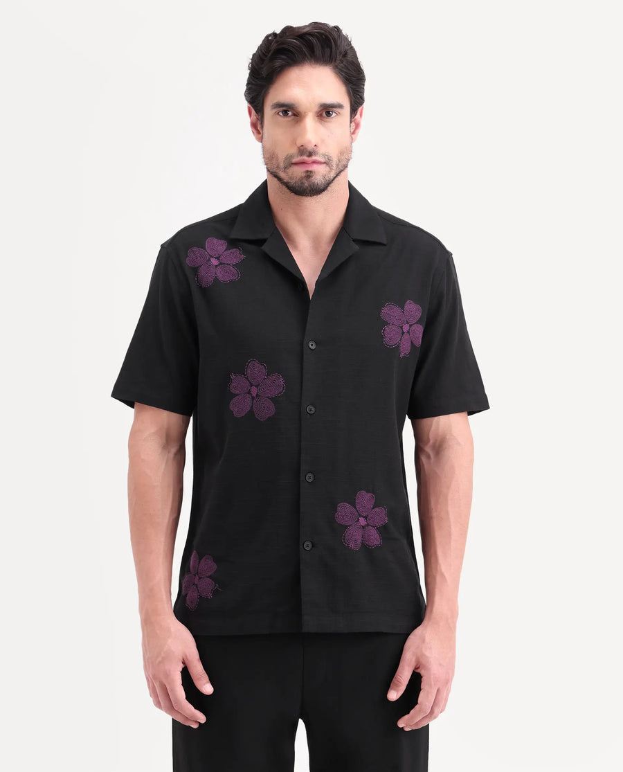 Rare Rabbit Men's Waxi Black Cotton Blend Fabric Half Sleeve Cuban Collar Relaxed Fit Embroidered Shirt